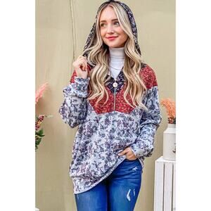 Floral Pattern Block Half Zip Up Hoodie Grey Maroon